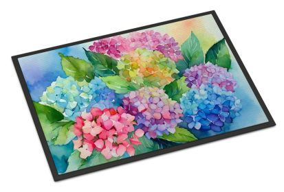 NEW Hydrangeas in Watercolor Doormat Front Door Mat Indoor Outdoor Rugs for Entryway, Non Slip Washable Low Pile, 18H X 27W