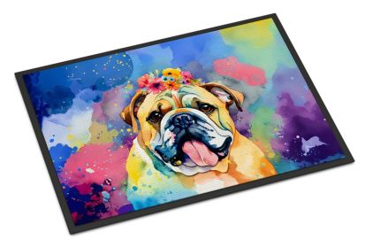 English Bulldog Hippie Dawg Doormat Front Door Mat Indoor Outdoor Rugs for Entryway, Non Slip Washable Low Pile, 24H X 36W