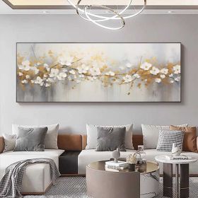 Hand Painted Abstract white flowers with golden Leaves Oil Painting on Canvas Large Original Textured Wall Art Boho Wall Decor Minimalist Living (Style: 01, size: 140x280cm)