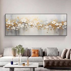 Hand Painted Abstract white flowers with golden Leaves Oil Painting on Canvas Large Original Textured Wall Art Boho Wall Decor Minimalist Living (Style: 01, size: 40x80cm)