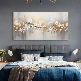 Hand Painted Abstract white flowers with golden Leaves Oil Painting on Canvas Large Original Textured Wall Art Boho Wall Decor Minimalist Living (Style: 01, size: 70x140cm)