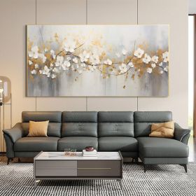 Hand Painted Abstract white flowers with golden Leaves Oil Painting on Canvas Large Original Textured Wall Art Boho Wall Decor Minimalist Living (Style: 01, size: 80x160cm)