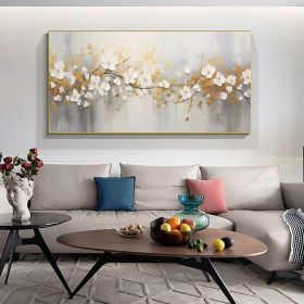 Hand Painted Abstract white flowers with golden Leaves Oil Painting on Canvas Large Original Textured Wall Art Boho Wall Decor Minimalist Living (Style: 01, size: 100x200cm)