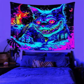 UV Activated Neon Colors Black Light Reactive Fierce Giant Cat Tapestry - Polyester Wall Hanging for Bedroom, Living Room (size: 37*28in)